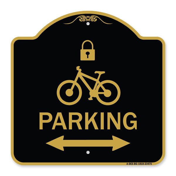 Signmission Parking W/ Lock Cycle & Bidirectional Arrow, Black & Gold Aluminum Sign, 18" x 18", BG-1818-23475 A-DES-BG-1818-23475 - main